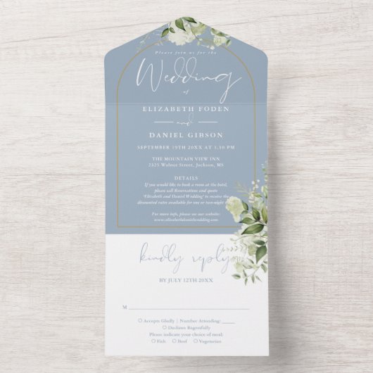 Dusty Blue Greenery Gold Arch Details UAWG Wedding All In One Einladung (Innen Boden)