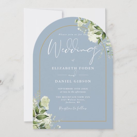 Dusty Blue Greenery Gold Arch Monogram Wedding Einladung (Vorderseite)