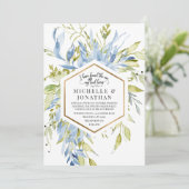 Dusty Blue Greenery Gold Frame Christlich Wedding Einladung (Stehend Vorderseite)