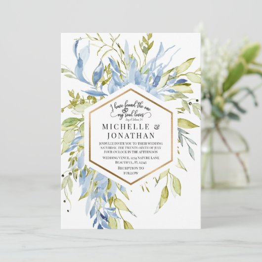 Dusty Blue Greenery Gold Frame Christlich Wedding Einladung (Stehend Vorderseite)