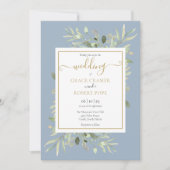 Dusty Blue Greenery Gold Geometric Script Wedding Einladung (Vorderseite)