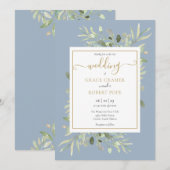 Dusty Blue Greenery Gold Geometric Script Wedding Einladung (Vorne/Hinten)