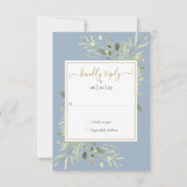 Dusty Blue Greenery Gold Geometric Script Wedding RSVP Karte