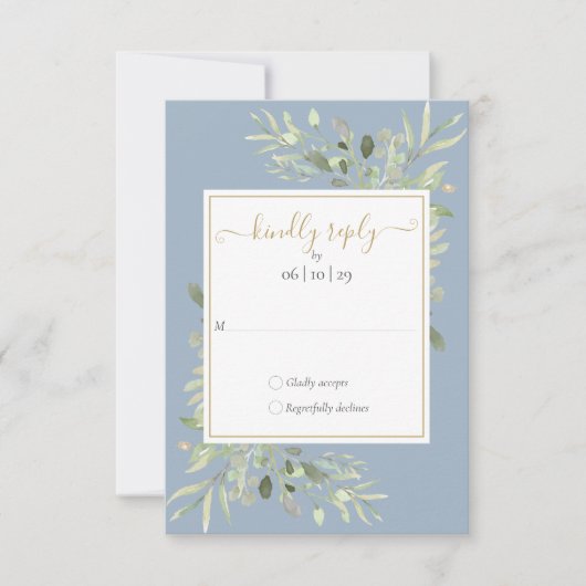 Dusty Blue Greenery Gold Geometric Script Wedding RSVP Karte (Vorderseite)