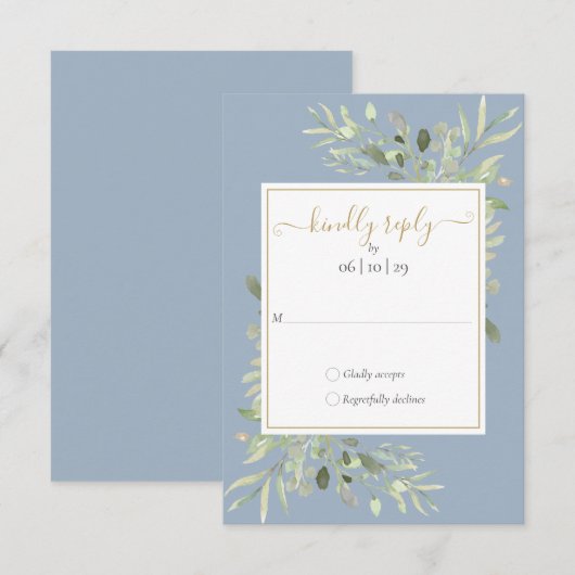 Dusty Blue Greenery Gold Geometric Script Wedding RSVP Karte (Vorne/Hinten)