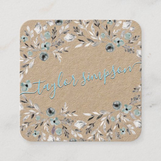 Dusty Blue Greenery Kraft Paper Neon Swash Script Quadratische Visitenkarte (Vorderseite)