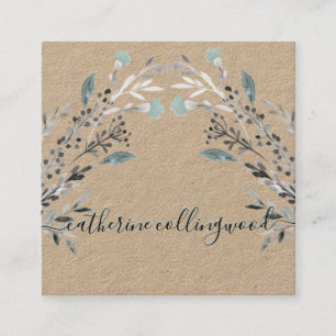 Dusty Blue Greenery Kraft Paper Swash Script Quadratische Visitenkarte