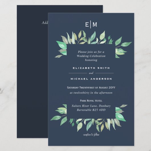 Dusty Blue Greenery Leafy Budget Hochzeit Einladun (Vorne/Hinten)