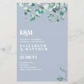 Dusty Blue Greenery Leafy Budget Hochzeit Einladun (Vorderseite)