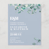 Dusty Blue Greenery Leafy Budget Hochzeit Einladun (Vorderseite)