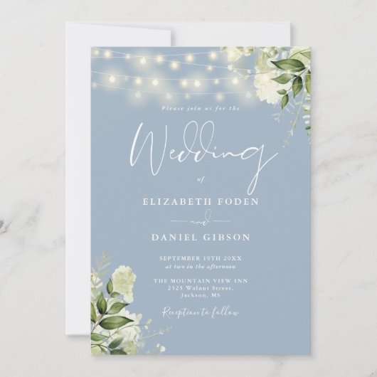 Dusty Blue Greenery Lights QR Code Foto Wedding Einladung (Vorderseite)