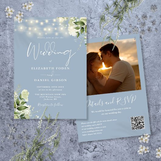 Dusty Blue Greenery Lights QR Code Foto Wedding Einladung