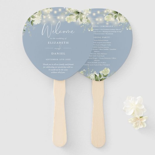 Dusty Blue Greenery Lights Wedding Program Heart Fächer (Vorne und Hinten)