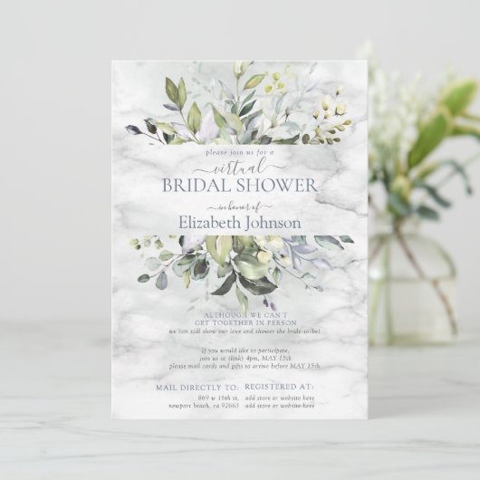 Dusty Blue Greenery Marble Virtual Dusche Einladung (Stehend Vorderseite)