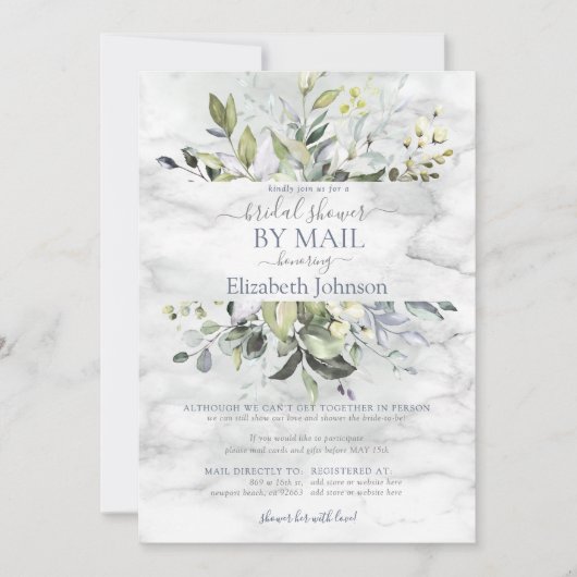 Dusty Blue Greenery Marmordusche per Mail Einladung (Vorderseite)