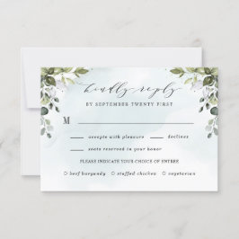 Dusty Blue Greenery mit Meal Choice Boho Wedding RSVP Karte