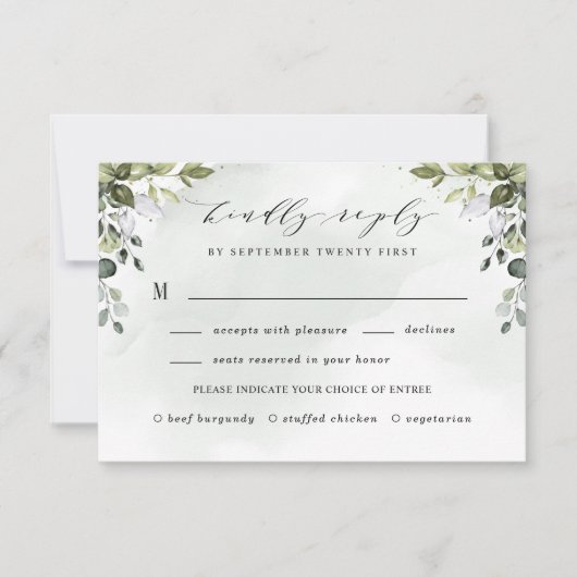 Dusty Blue Greenery mit Meal Choice Boho Wedding RSVP Karte (Vorderseite)
