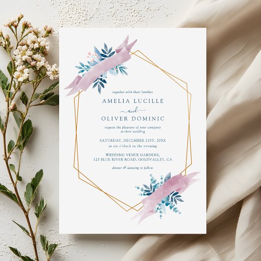 Dusty Blue Greenery Modern Gold Geometric Wedding Einladung