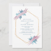 Dusty Blue Greenery Modern Gold Geometric Wedding Einladung (Vorderseite)