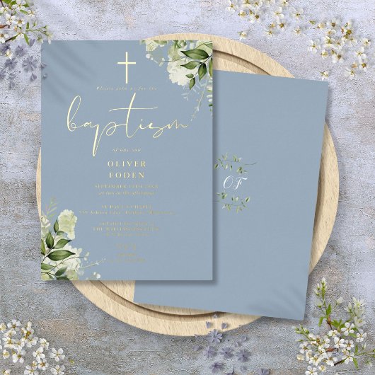 Dusty Blue Greenery Monogram Baptism Gold Folieneinladung