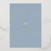 Dusty Blue Greenery Monogram Baptism Gold Folieneinladung (Rückseite)