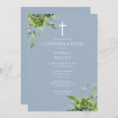 Dusty Blue Greenery Monogram Confirmation Einladung (Vorne/Hinten)