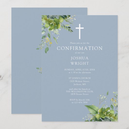 Dusty Blue Greenery Monogram Confirmation Einladung (Vorne/Hinten)