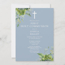 Dusty Blue Greenery Monogram First Holy Communion