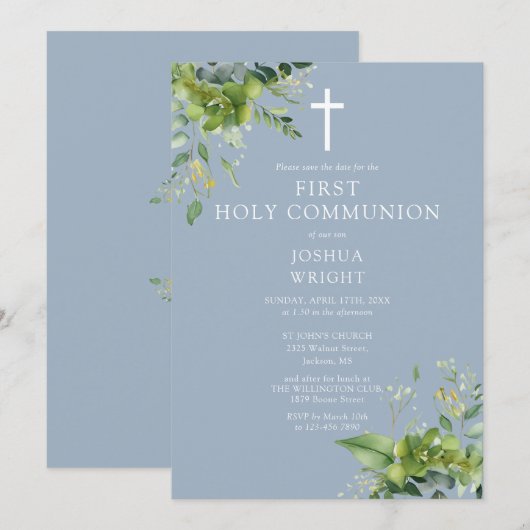 Dusty Blue Greenery Monogram First Holy Communion Save The Date (Vorne/Hinten)