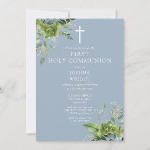 Dusty Blue Greenery Monogram First Holy Communion Save The Date