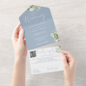 Dusty Blue Greenery Monogram QR Code Wedding All In One Einladung (Abreißen)