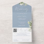 Dusty Blue Greenery Monogram QR Code Wedding All In One Einladung (Innen Boden)