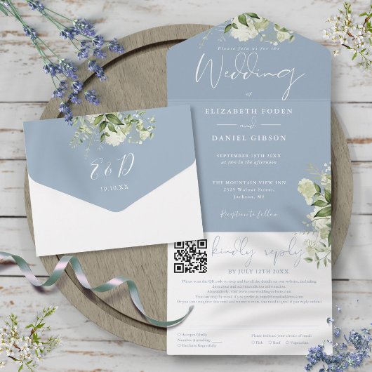 Dusty Blue Greenery Monogram QR Code Wedding All In One Einladung