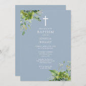Dusty Blue Greenery Monogram Taufe Christening Einladung (Vorne/Hinten)