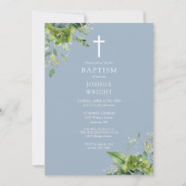 Dusty Blue Greenery Monogram Taufe Christening Einladung