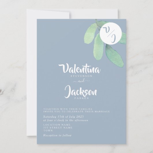 Dusty Blue Greenery Monogram Wedding Einladung (Vorderseite)