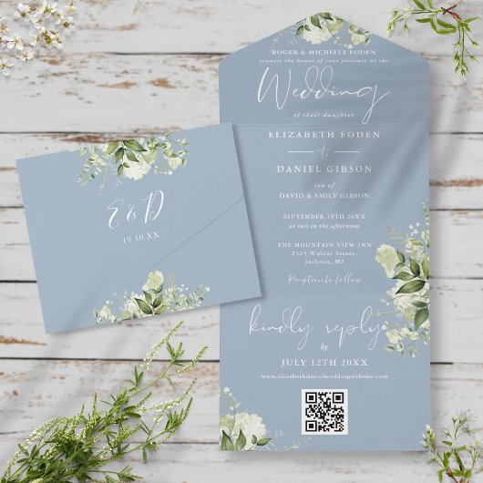 Dusty Blue Greenery QR Code Formal Wedding All In One Einladung