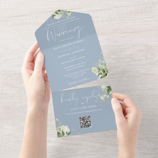 Dusty Blue Greenery QR Code Formal Wedding All In One Einladung (Abreißen)
