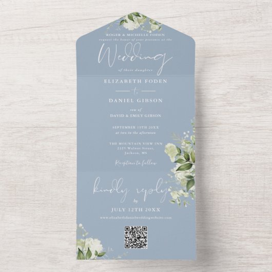 Dusty Blue Greenery QR Code Formal Wedding All In One Einladung (Innen Boden)