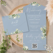 Dusty Blue Greenery QR Code Monogram Wedding All In One Einladung