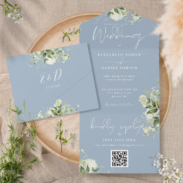 Dusty Blue Greenery QR Code Monogram Wedding All In One Einladung