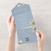 Dusty Blue Greenery QR Code Monogram Wedding All In One Einladung (Abreißen)