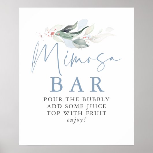 Dusty Blue Greenery Rose Gold Leaf Mimosa Bar Sign Poster (Vorne)