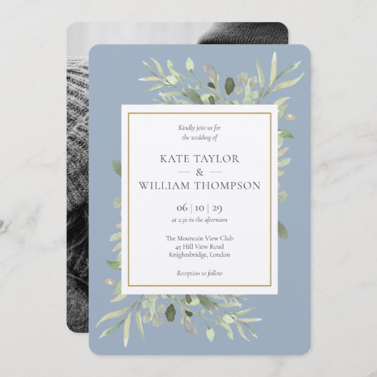 Dusty Blue Greenery Rustic Kraft Foto Wedding Einladung (Vorne/Hinten)