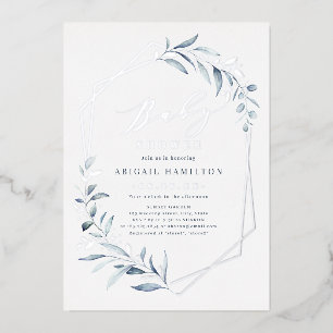 Dusty Blue Greenery Silver Rustic Baby Shower Folieneinladung