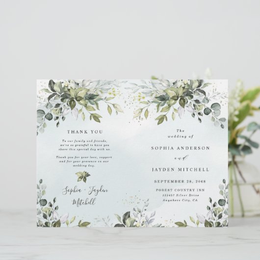 Dusty Blue Greenery Themed Wedding Programs (Stehend Vorderseite)