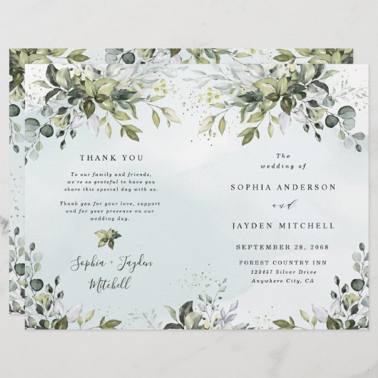 Dusty Blue Greenery Themed Wedding Programs (Vorne/Hinten)