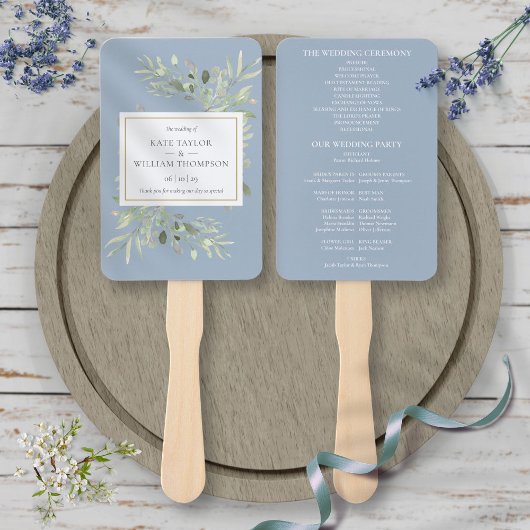 Dusty Blue Greenery Wedding Program Hand Fan Fächer