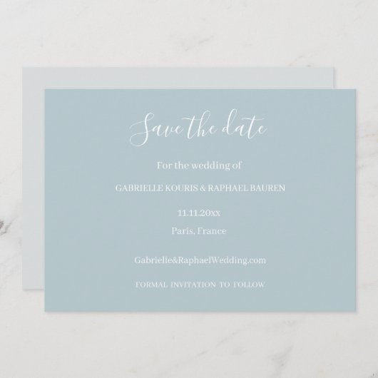 Dusty Blue Grey and White Save the Date Wedding Einladung (Vorne/Hinten)