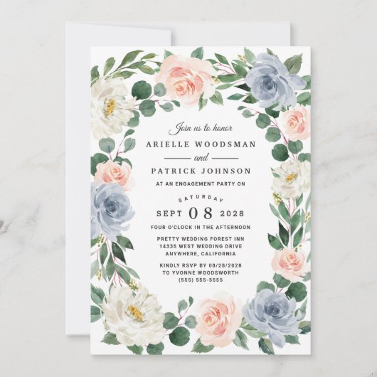Dusty Blue Grey Blush Pink Peach Engagement Party Einladung (Vorderseite)